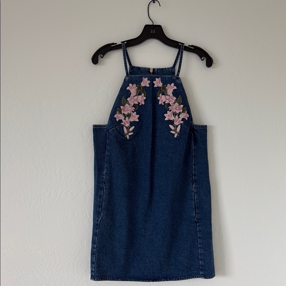 Topshop Blue Denim Dress with Pink Floral Embroidery